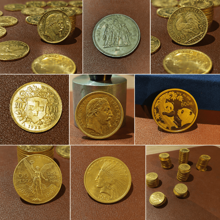pièces en or : 20 francs Napoléon, 50 francs hercules, 20 francs marianne coq, 5 dollars us, 20 francs suisse